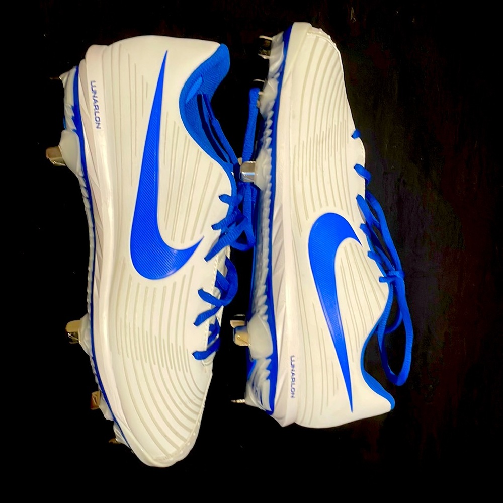 White and blue brand new Womens metal softball cleats size 11